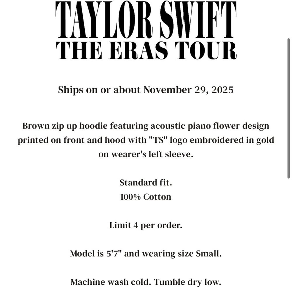 XS Taylor Swift Acoustic Piano Zip Up Hoodie Eras Tour Sweatshirt Zip Hoodie New - Picture 5 of 6